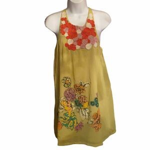 Lulumari Floral Appliqué Halter Dress | Size Small | Mustard Yellow